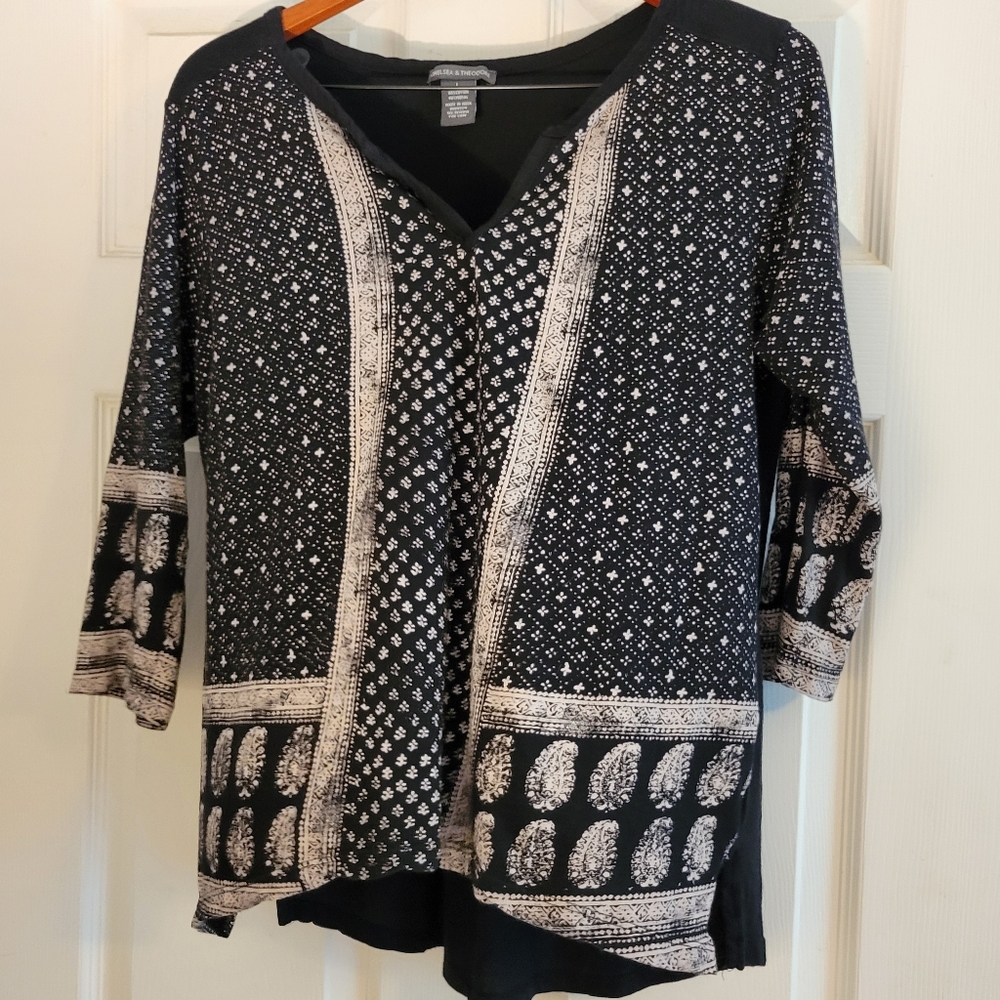 Women's Chelsea & Theodora Blouse Size Large Black & Ivory Print Knit & Woven